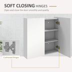 Bathroom mirror cabinet interior with soft-closing hinges and open double door