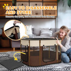 Brown foldable dog playpen with removable poles, mesh sides, and collapsible frame