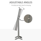 Grey full-length mirror jewellery cabinet with adjustable standing angle and hinge points