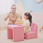 Pink toddler sofa chair with matching low cube table, children playing indoors