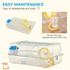Transparent 2-tier hamster cage with removable top, blue water bottle, yellow running wheel