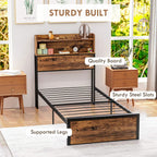 Sturdy single bed frame with slatted steel base, rustic brown panels and black legs