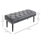 Grey button-tufted upholstered bench with dark legs, size 110x45x28 cm
