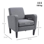 Grey accent chair with wide armrests and padded seat, shown with measurements