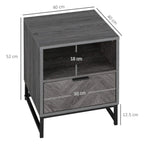 Dark grey bedside cabinet with top shelf, front drawer, and steel legs.