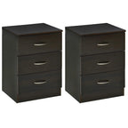 Dark bedside cabinet with three drawers and curved metal bar handles, flat top.