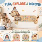 Wooden dachshund learning busy board wall panel with multiple sensory activities
