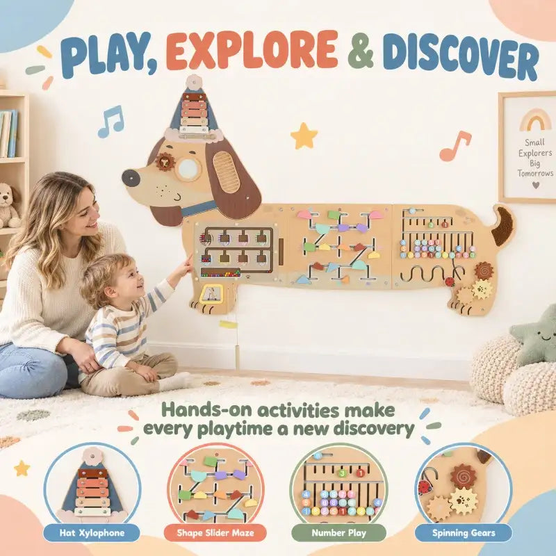 Wooden dachshund learning busy board wall panel with multiple sensory activities