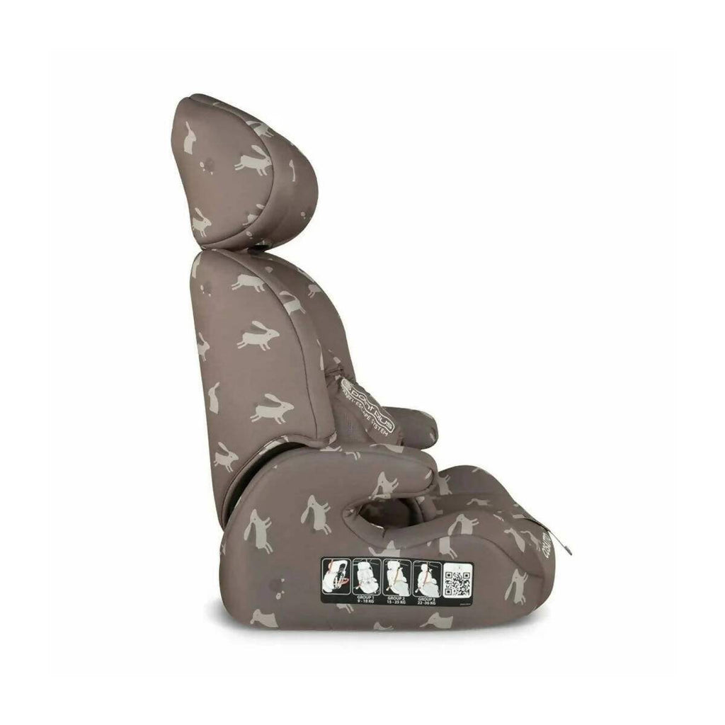 Side view brown car seat with white animal print, adjustable headrest and padded armrests