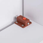Brown release latch with orange button on white drop-leaf table support