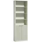 Light green tall cabinet bookcase with open shelves on top and ribbed panel door base