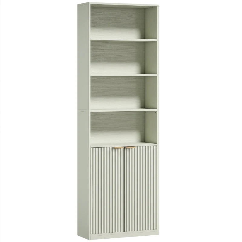 Light green tall cabinet bookcase with open shelves on top and ribbed panel door base