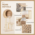 Beige cat tree with hanging ball toy, teasing rope, and sisal scratching posts
