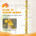 Yellow cat tree with artificial ginkgo-style leaves, sisal posts, and tiered perches