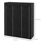 Black fabric wardrobe with three zippered front panels and a sturdy freestanding frame.