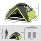 Two-person camping tent dimensions diagram with green and gray tent layout