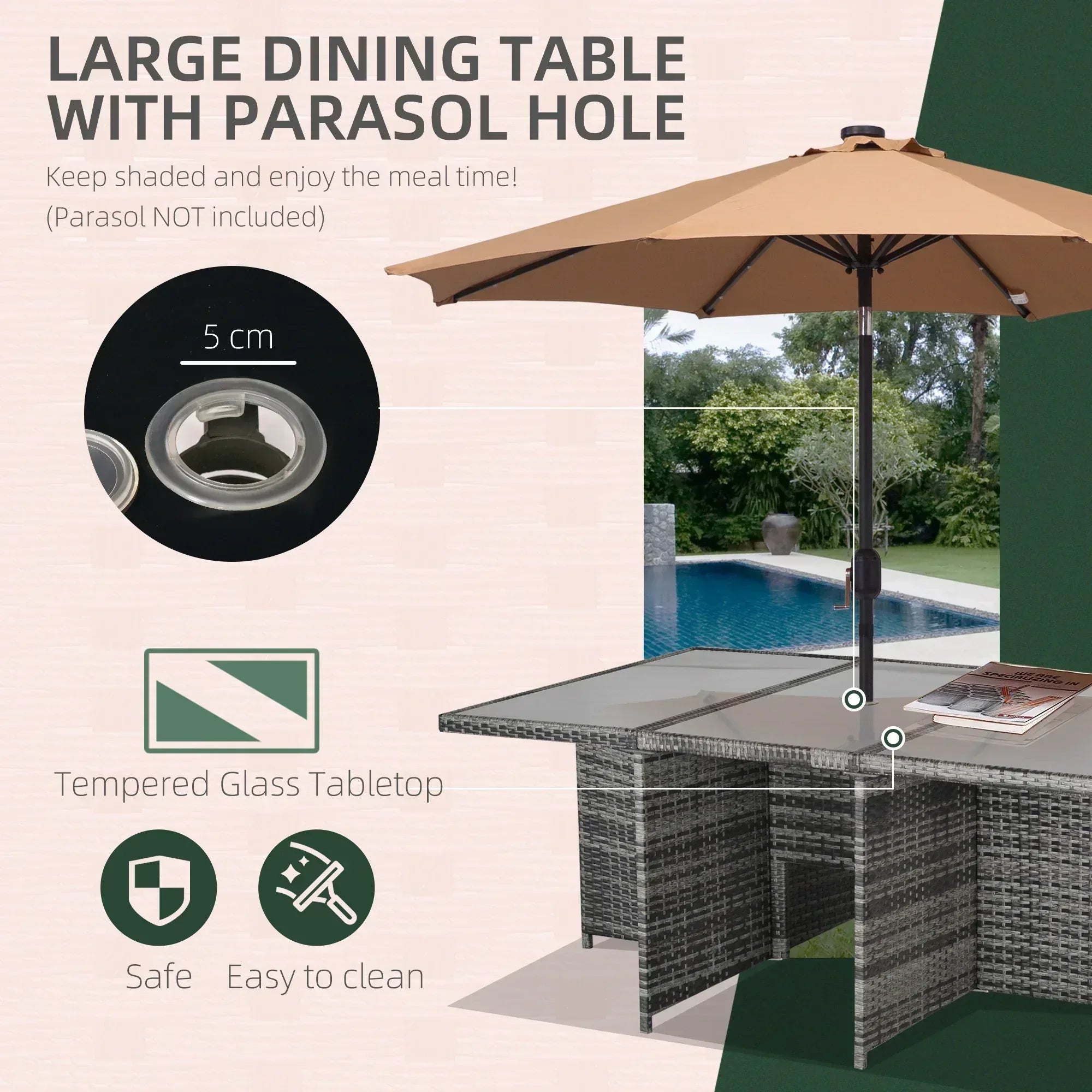 10 Seater Rattan Cube Garden Furniture Set with Parasol Hole, Rattan Dining Set with Cushions, Outdoor Dining Table and Chairs with Rectangular Glass Top Table for Patio, Mixed Grey - Bobobiy