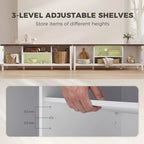 White TV stand with three-level adjustable shelves in open storage.