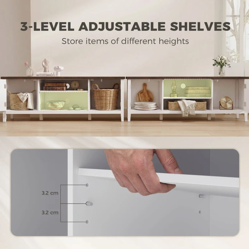 White TV stand with three-level adjustable shelves in open storage.