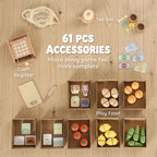 Kids play shop accessories set with cash register, play food, and tea set pieces