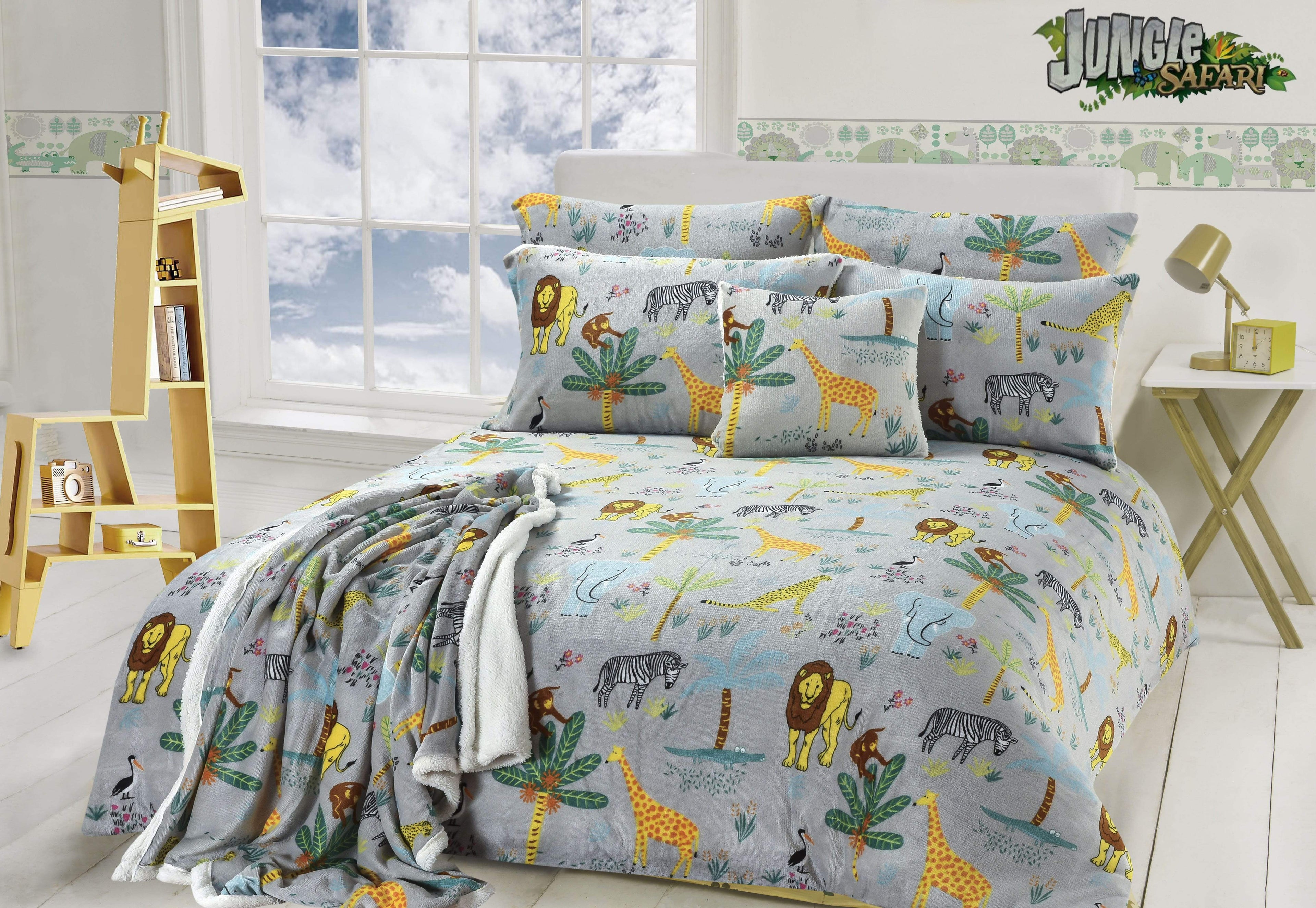 Jungle Safari Animal Kingdom Children's Teddy Fleece Bedding Set Lions Elephants Giraffes Zebras Matching Throw and Cushion Available