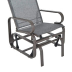 Grey fabric gliding rocking chair with brown metal frame, armrests, and rocking runners