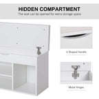 White shoe bench with U-shaped handle and metal hinges on hidden compartment