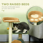 Small cat tree showing two raised beds: beige top bed and dark green lower bed with toy ball