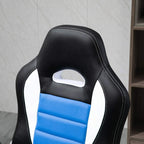 Close-up of blue center cushion on black gaming chair with stitched edges