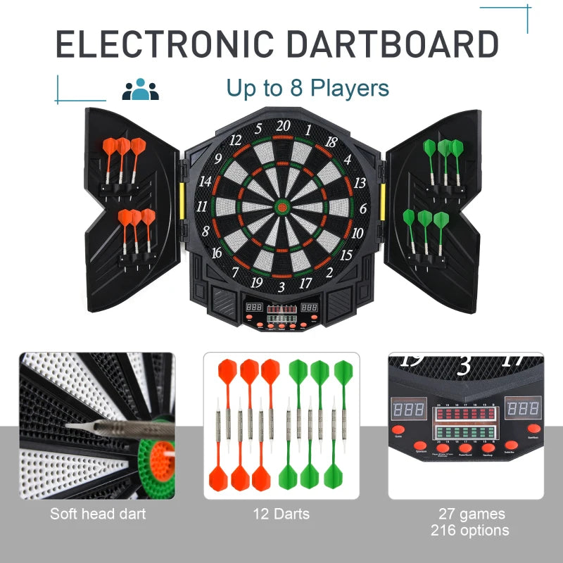 Electronic dartboard set with LED scoring panel, soft tip darts, and game controller