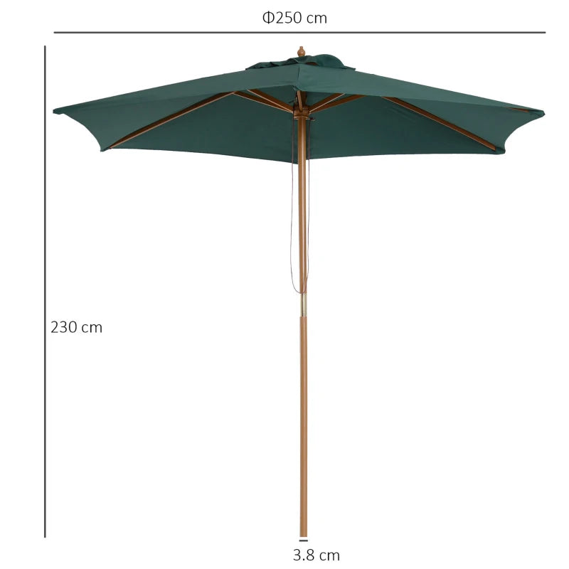Green patio umbrella with dimensions on a white background