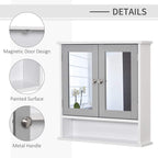 White cabinet with grey mirrored doors and metal handle knobs