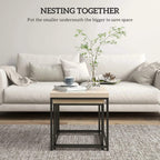 Oak-look coffee table with black frame, shown nested beside a larger table