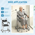 Black commode chair with padded seat, armrests, and caster wheels for mobility