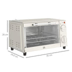Cream mini electric oven with open door, side view with size markings