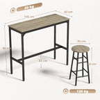 Grey wood-effect bar table with four stools, shown with size measurements and black legs