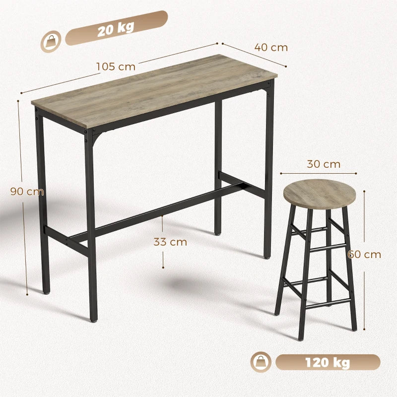 Grey wood-effect bar table with four stools, shown with size measurements and black legs