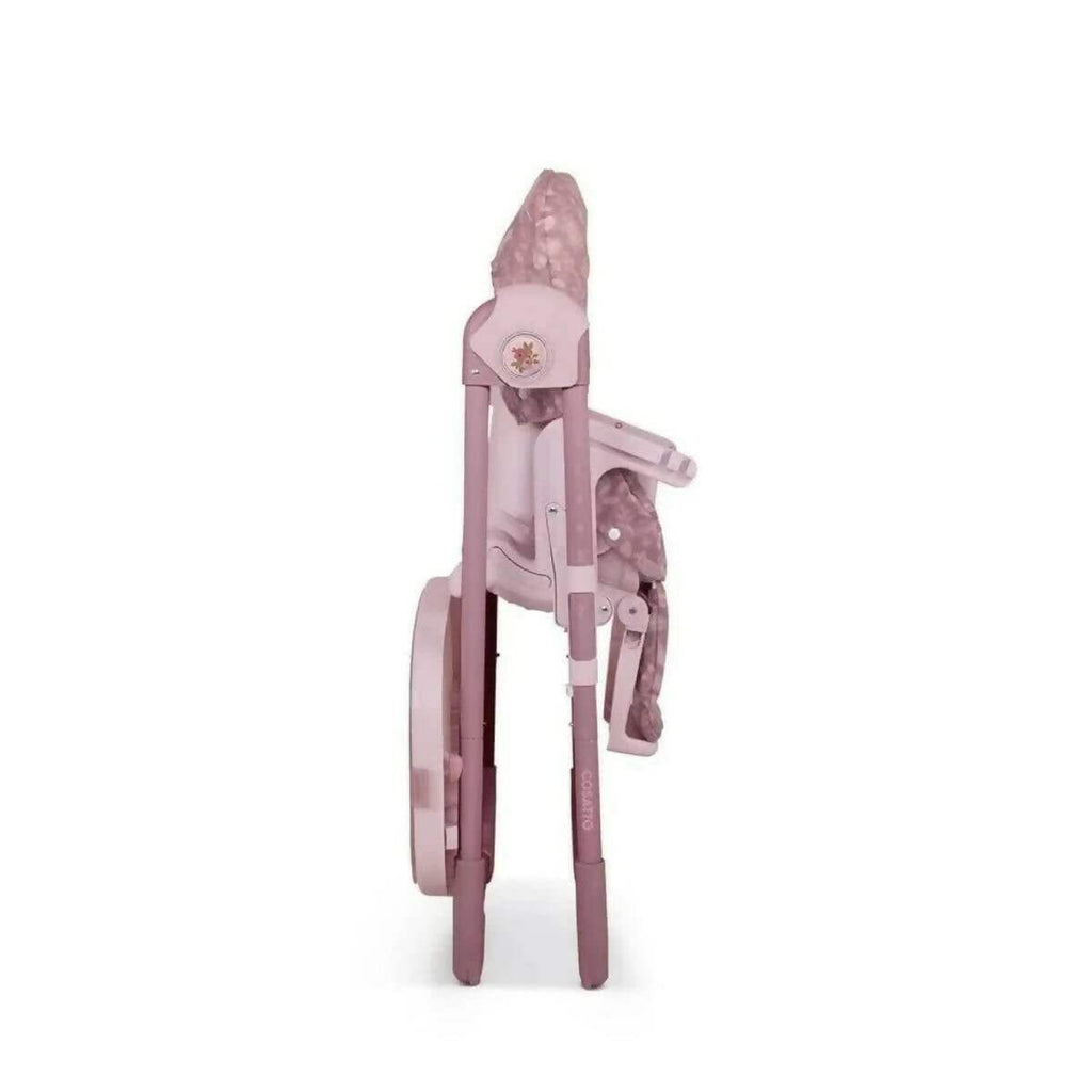 Pink patterned 0+ highchair with tray and padded headrest, rear side view