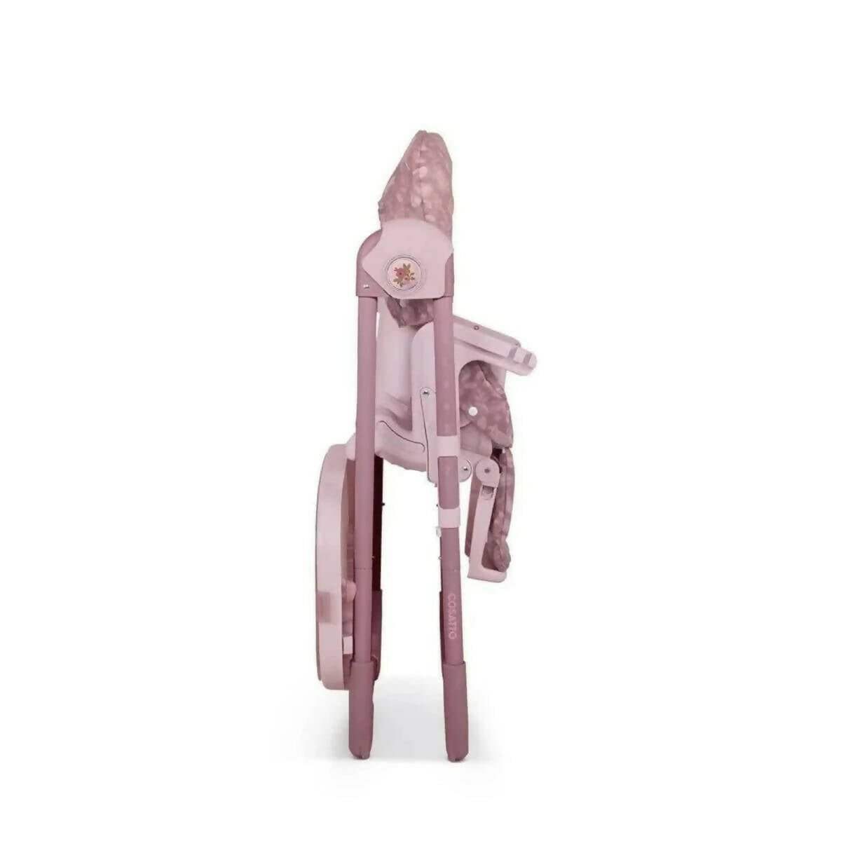 Pink patterned 0+ highchair with tray and padded headrest, rear side view