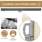 Gray steel retractable housing and arm for privacy screen, top rail close-up