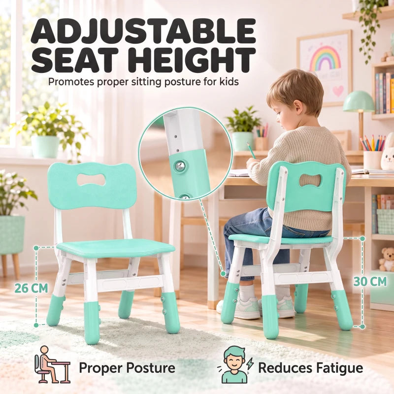 Green kids adjustable desk chair with backrest, white frame; child seated
