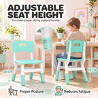 Green kids adjustable desk chair with backrest, white frame; child seated