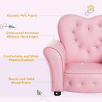Pink toddler armchair with rounded armrests and padded seat, dark legs