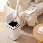 White touchless kitchen trash bin with open lid and black sensor control
