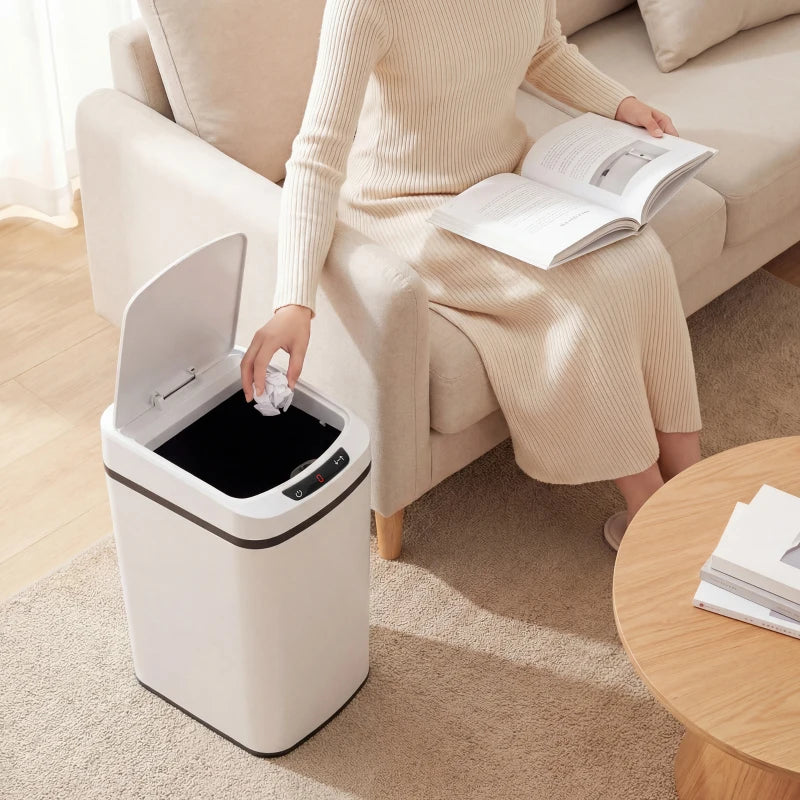 White touchless kitchen trash bin with open lid and black sensor control