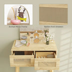 Arched mirror frame and rattan-front drawers on natural wood vanity desk