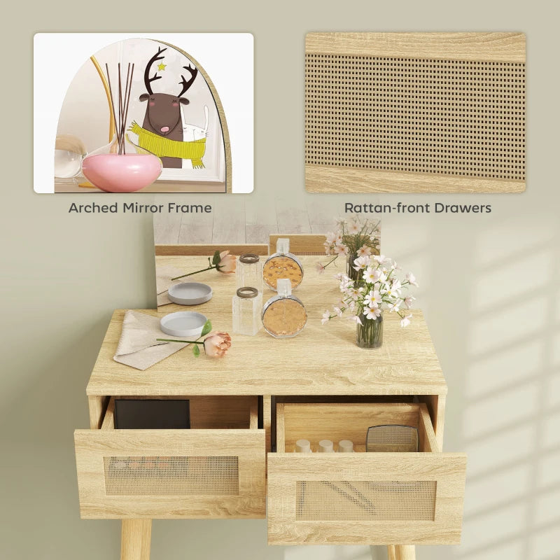Arched mirror frame and rattan-front drawers on natural wood vanity desk