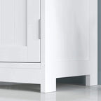 White cabinet base corner and door hinge area with smooth panel finish