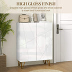 High gloss white shoe storage cabinet with two doors and angled gold legs