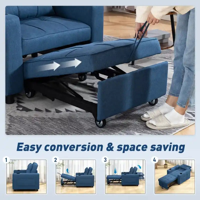 Dark blue sofa bed in open lounge mode with pull-out base and black frame